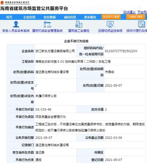 浙江新东方建设集团有限公司因管理违规被通报批评 扣2分