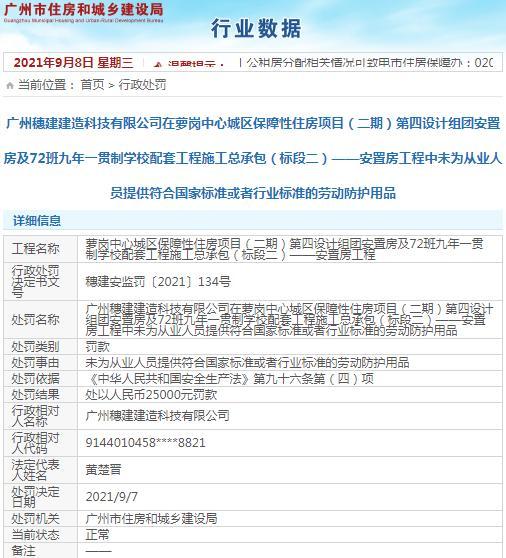 劳动防护措施不到位 广州穗建建造科技有限公司被罚2.5万元