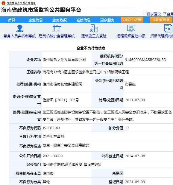 儋州恒乐文化发展有限公司因一项目发生安全生产责任事故被扣12分