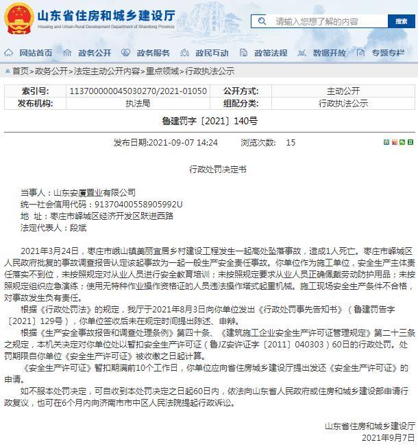 山东安厦置业有限公司被暂扣安全生产许可证 一项目生产条件不合格造成事故