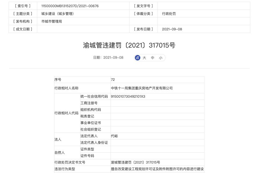 中铁十一局重庆房地产公司因违法建设被罚5万余元