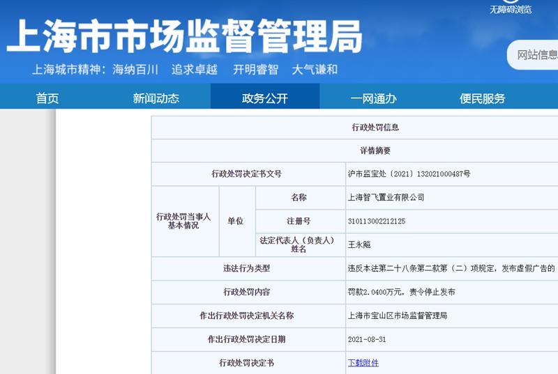 中集产城旗下智飞置业发布虚假广告被罚2万