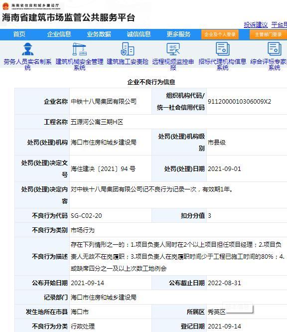 五源河公寓三期项目管理不到位 中铁十八局集团有限公司被记不良行为记录