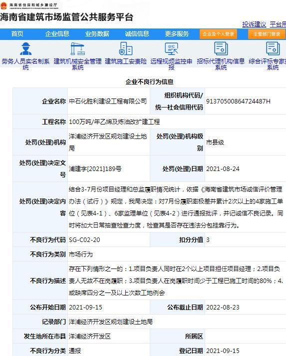 中石化胜利建设工程有限公司被通报批评 因项目管理不规范被记不良行为记录