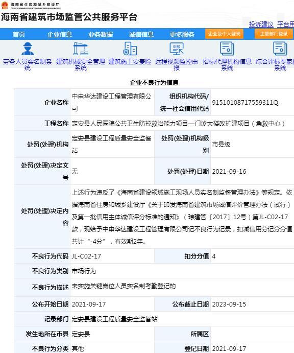 项目管理不规范 中申华达建设工程管理有限公司被记不良行为扣4分