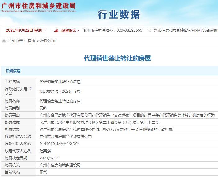 代理销售禁止转让的房屋 广州市合展房地产代理有限公司被罚3万元 
