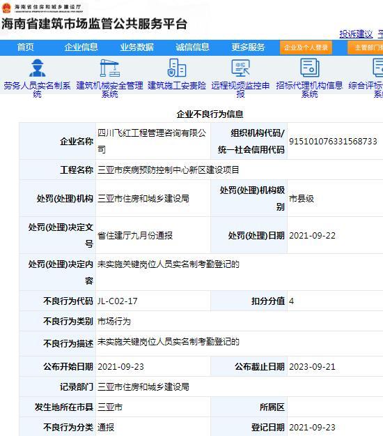 四川飞红工程管理咨询有限公司因管理不规范被通报批评并扣4分