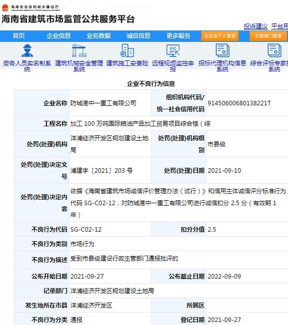 防城港中一重工有限公司违规被通报批评 扣2.5分
