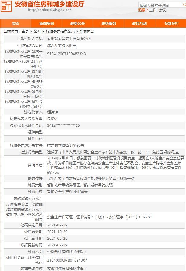 安全生产责任落实不到位 安徽瑞安建筑工程有限公司被暂扣安全生产许可证