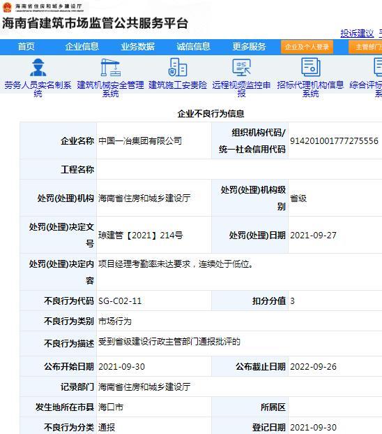 中国一冶集团有限公司因管理不规范被通报批评 扣3分