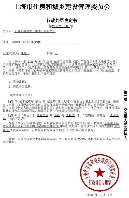 对上海舜嘉建筑（集团）有限公司的行政处罚决定书