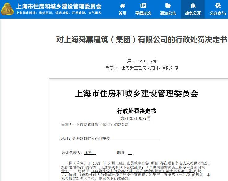 未按规定限期整改 上海舜嘉建筑（集团）有限公司被罚3万元