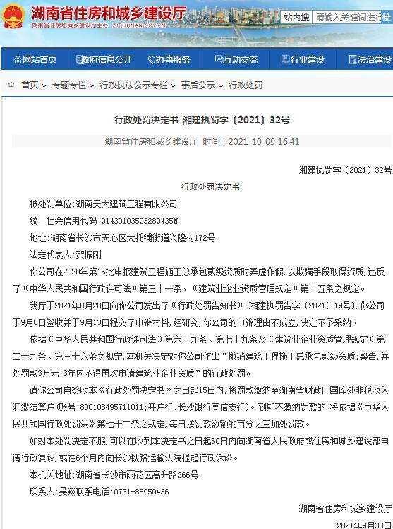 湖南天大建筑工程有限公司因弄虚作假被取消相关资质并罚款3万元
