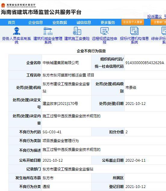中铁城建集团有限公司因违反质量安全技术规范遭通报批评