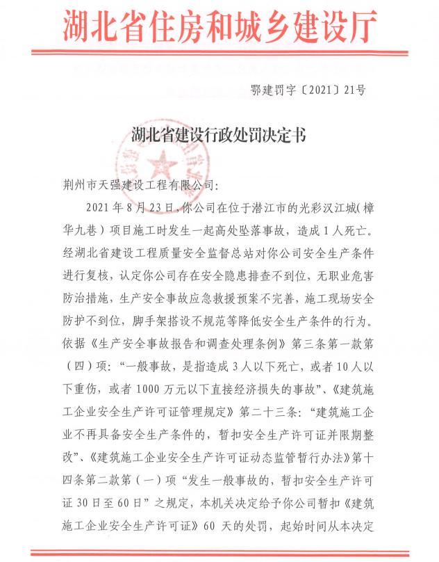 降低安全生產條件 荊州市天強建設工程有限公司被暫扣安全生產許可證