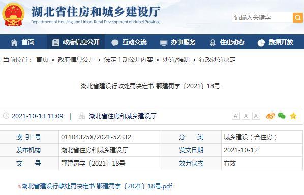 海纳中央公园三期发生安全事故 湖北远大建设集团有限公司遭罚