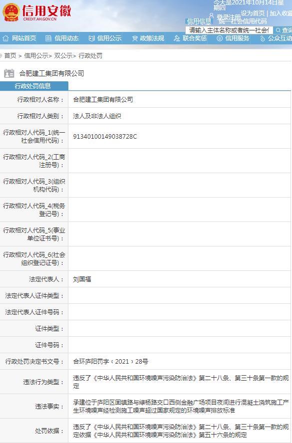 夜间施工产生噪声污染 合肥建工集团有限公司被罚2万元