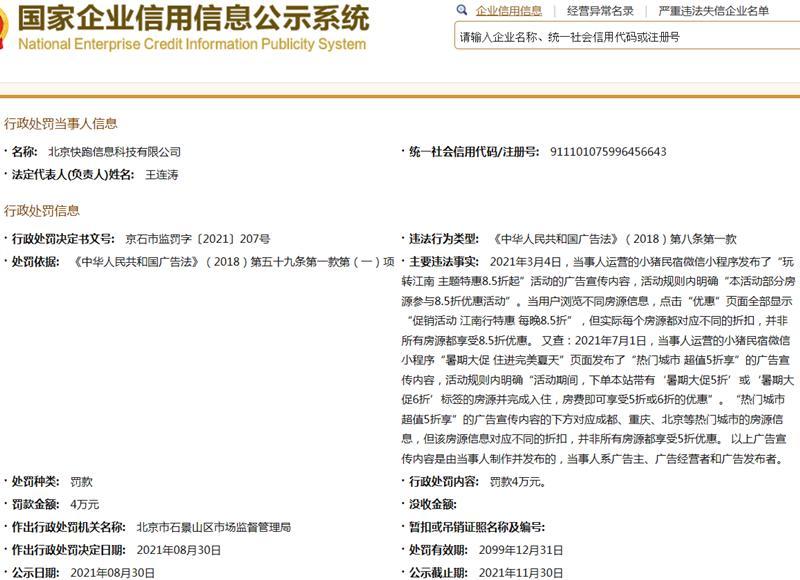 小猪民宿关联公司因虚假折扣被罚款4万元
