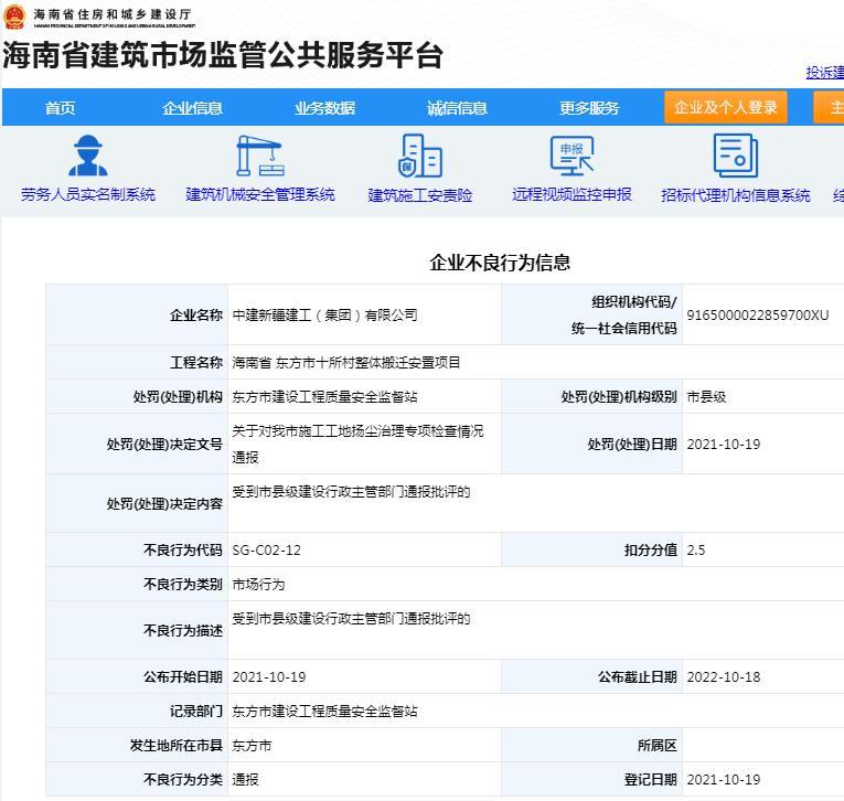 扬尘治理不规范 中建新疆建工(集团)有限公司受到通报批评
