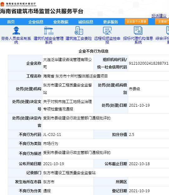 项目管理不规范 大连泛华建设咨询管理有限公司被通报批评扣2.5分