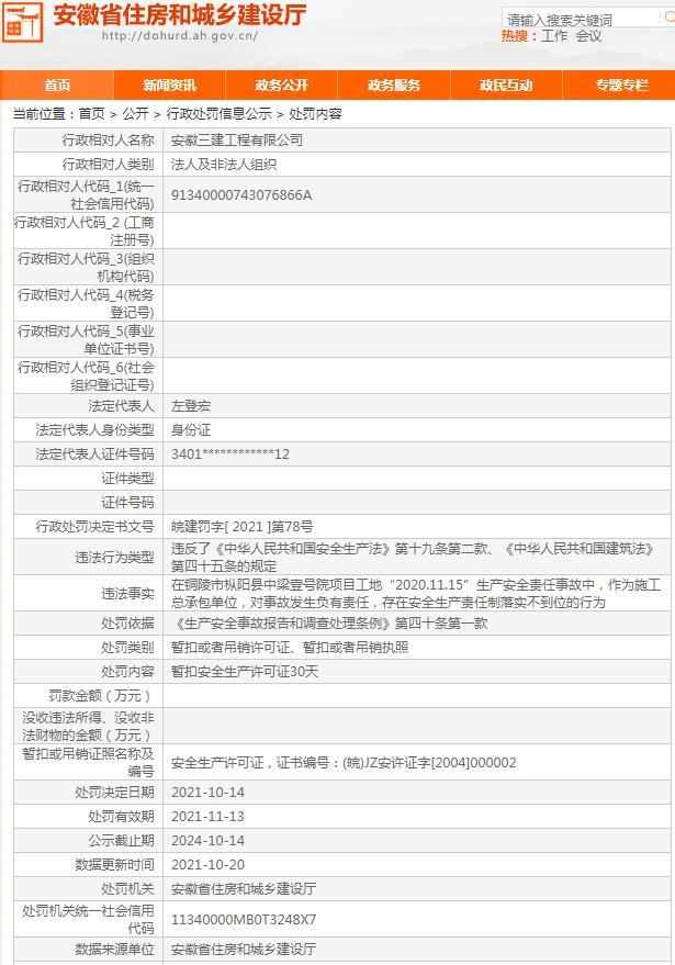 安全生产责任制落实不到位 安徽三建工程有限公司被暂扣安全生产许可证