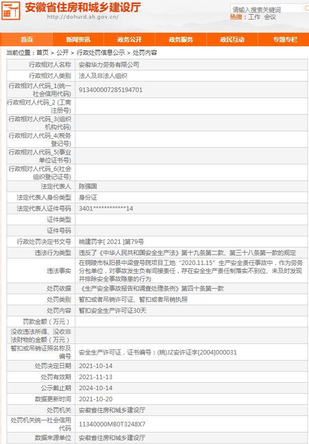 安徽华力劳务有限公司被暂扣安全生产许可证 因安全生产责任制落实不到位