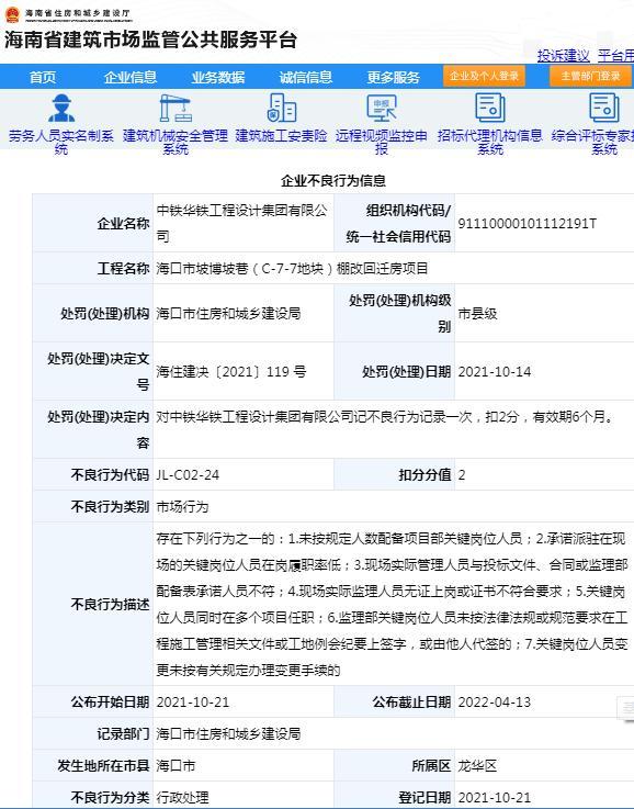 项目管理不规范 中铁华铁工程设计集团有限公司被记不良行为记录