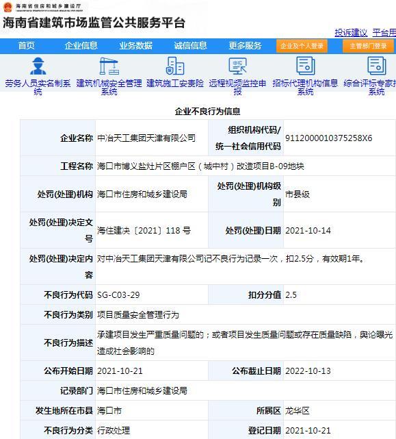项目质量安全管理不规范 中冶天工集团天津有限公司被记不良行为扣2.5分
