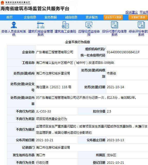 广东粤能工程管理有限公司因监理项目存在质量安全问题被记不良行为扣2.5分