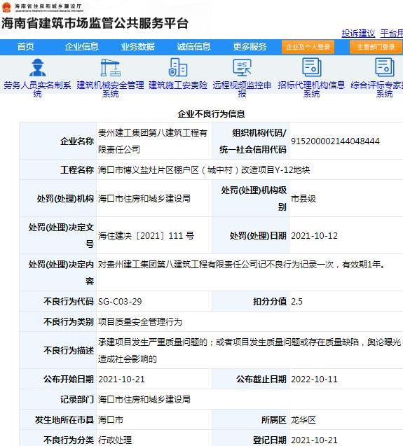 项目管理不规范 贵州建工集团第八建筑工程有限责任公司被记不良行为记录