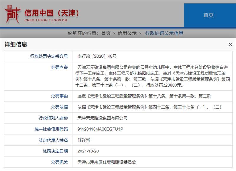 天元建设集团有限公司天津分公司违规施工遭罚32万元