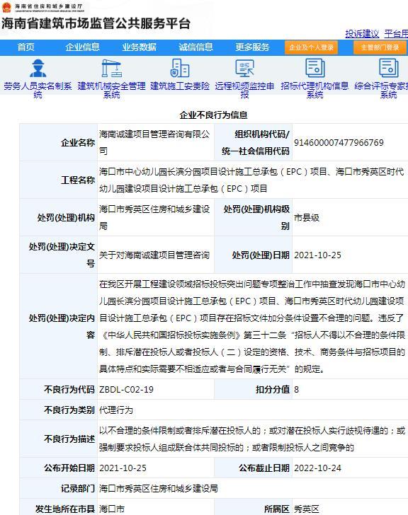 海南诚建项目管理咨询有限公司被扣8分 因两项目招标文件加分条件设置不合理