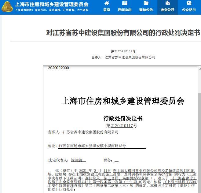 未及时调整完善安全防护设施 江苏省苏中建设集团股份有限公司被罚2万元 