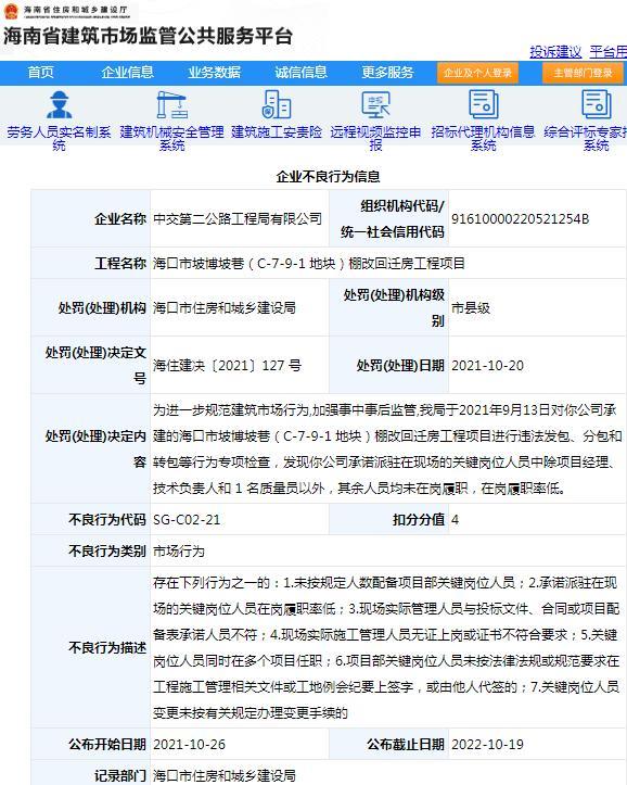 项目管理不规范 中交第二公路工程局有限公司被扣4分信用分