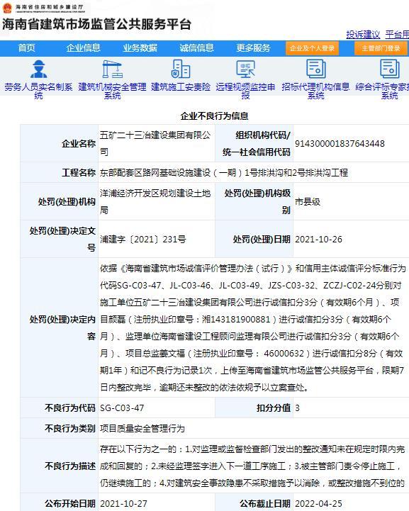 项目管理不规范 五矿二十三冶建设集团有限公司被扣3分