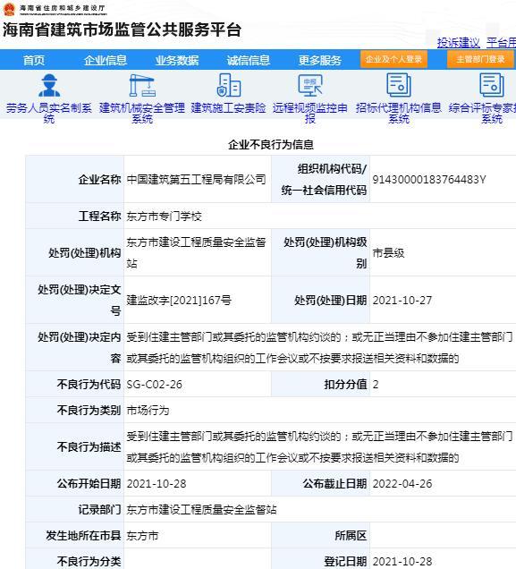 项目管理不规范 中国建筑第五工程局有限公司被扣2分
