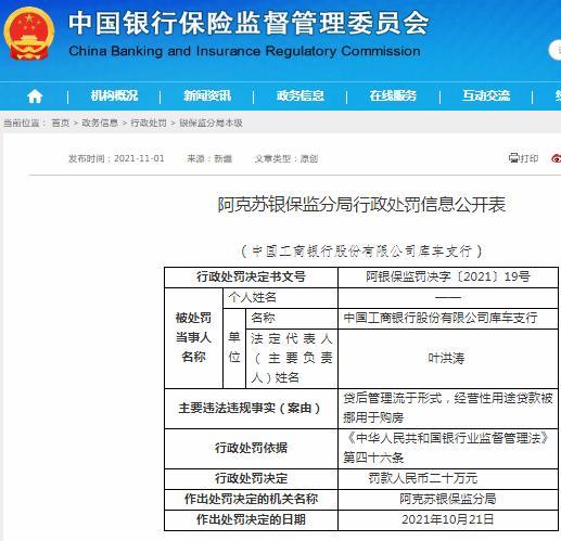 中国工商银行股份有限公司库车支行因经营贷挪用于购房被罚20万