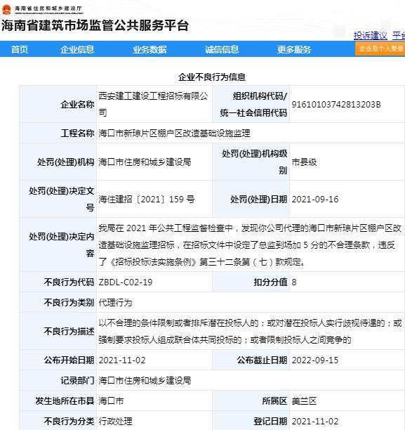 违规招标 西安建工建设工程招标有限公司被扣8分