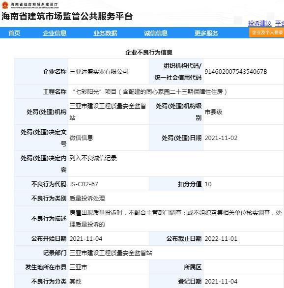 项目管理不规范 三亚远盛实业有限公司被扣信用分10分