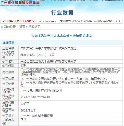 广州市德才房地产代理有限公司因违规提供中介服务被罚3万元