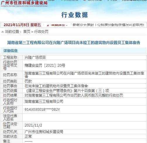 在未竣工的建筑内设置员工宿舍 湖南省第三工程有限公司被罚8万元