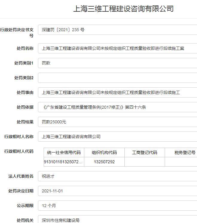 上海三维工程建设咨询有限公司因未按规定验收即施工被罚2.5万元