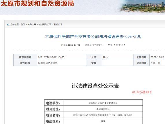越证违法建设 太原保利房地产开发有限公司被罚2万余元