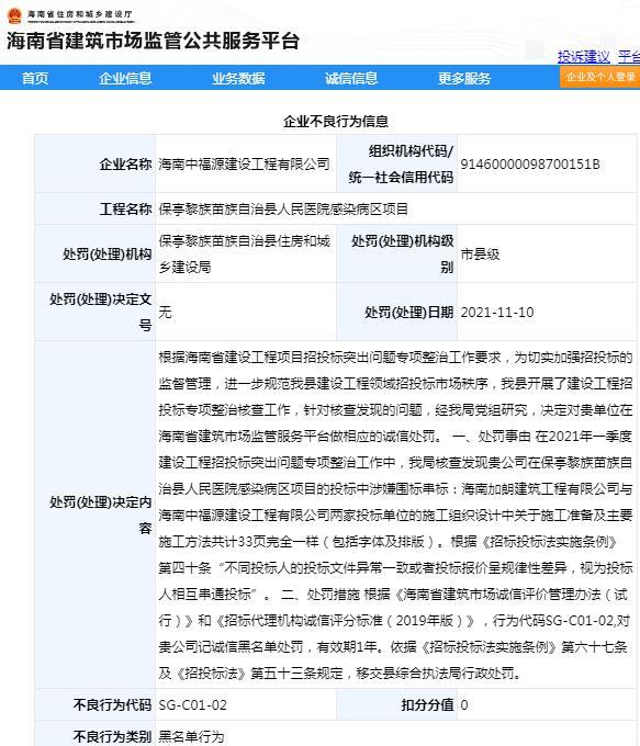 海南中福源建设工程有限公司因涉嫌围标串标被记诚信黑名单