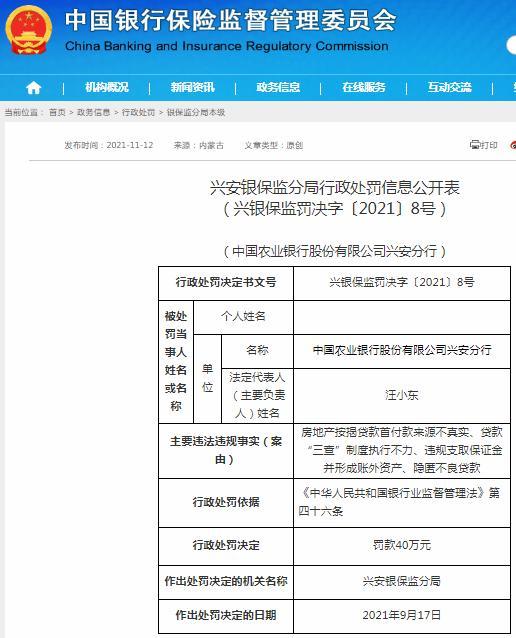 中国农业银行股份有限公司兴安分行因房地产按揭贷款首付来源不真实等被罚40万