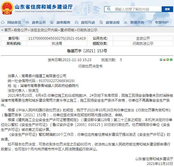 高青县兴隆建工有限责任公司被暂扣安全生产许可证 曾两次因存安全隐患被责令停工