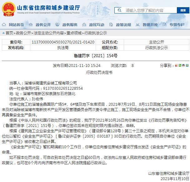安全生产条件不合格 淄博华南建筑安装工程有限公司两次被责令停止施工