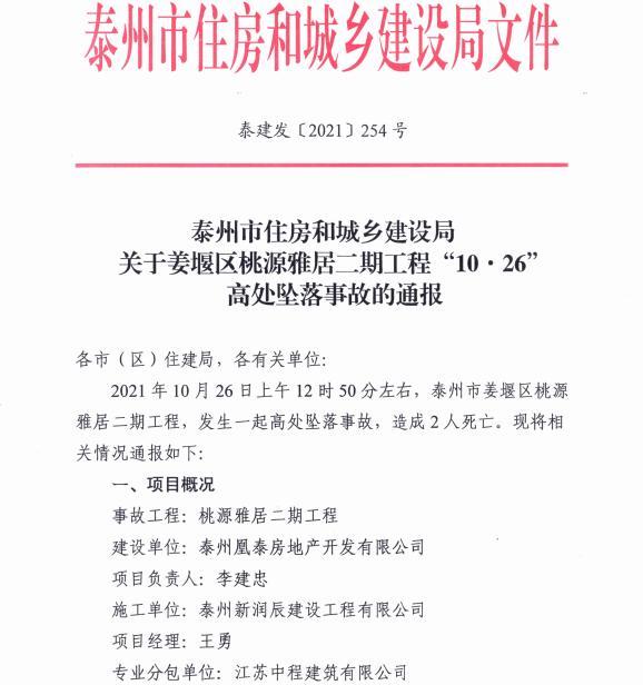 发生致2人死亡的安全事故 泰州姜堰区桃源雅居二期施工单位被责令停工整改