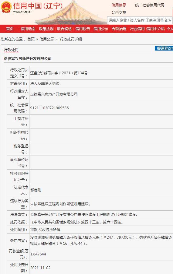 未按规划规定建设 盘锦富兴房地产开发有限公司被罚1.6万元