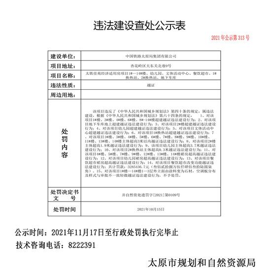 中国铁路太原局集团有限公司因违法建设被罚328万元